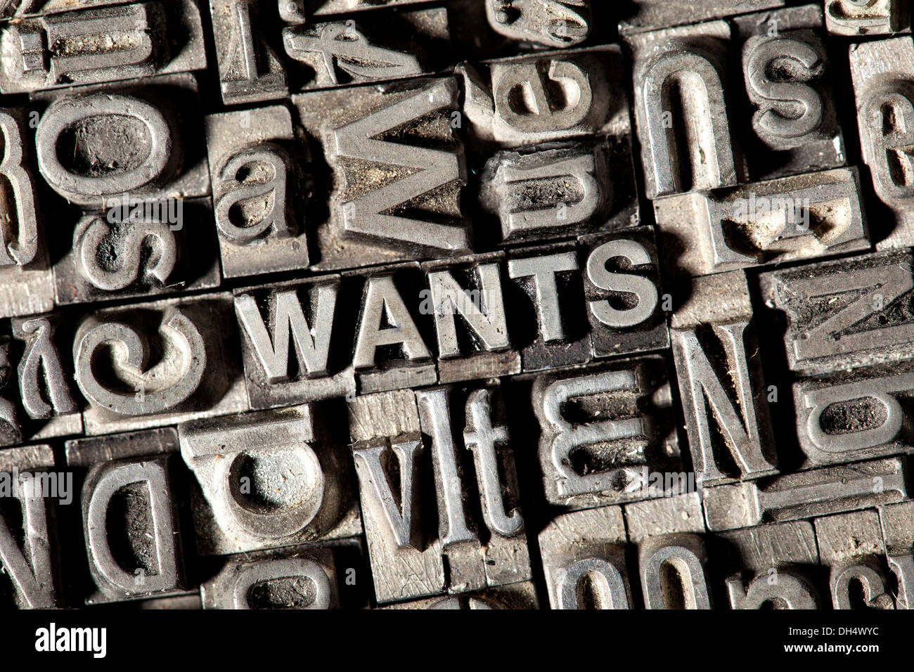 Old lead letters forming the word WANTS Stock Photo