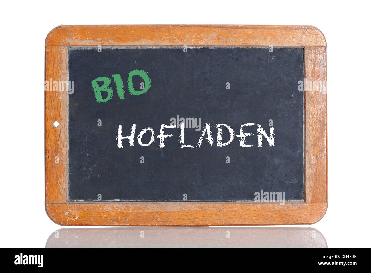 Old school blackboard with the words BIO - HOFLADEN, German for Organic - farm shop Stock Photo