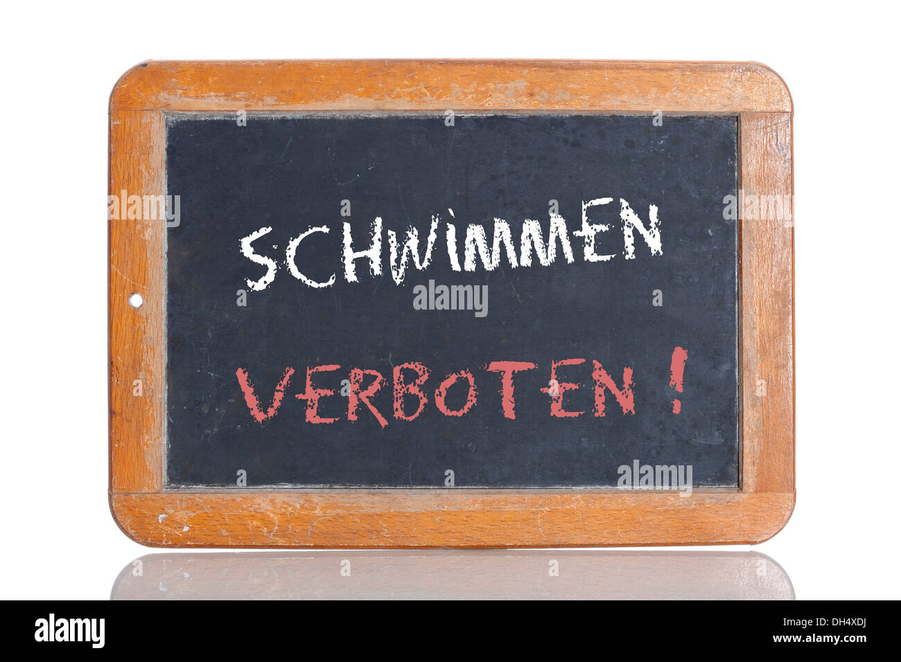 Old school blackboard with the words SCHWIMMEN VERBOTEN!, German for Swimming prohibited! Stock Photo