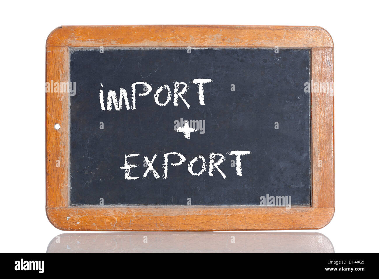 Old school blackboard with the words IMPORT + EXPORT Stock Photo