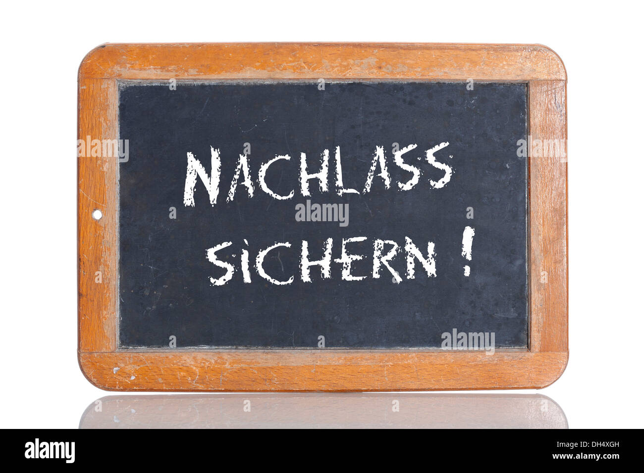 Old school blackboard with the words NACHLASS SICHERN!, German for Secure a discount! Stock Photo