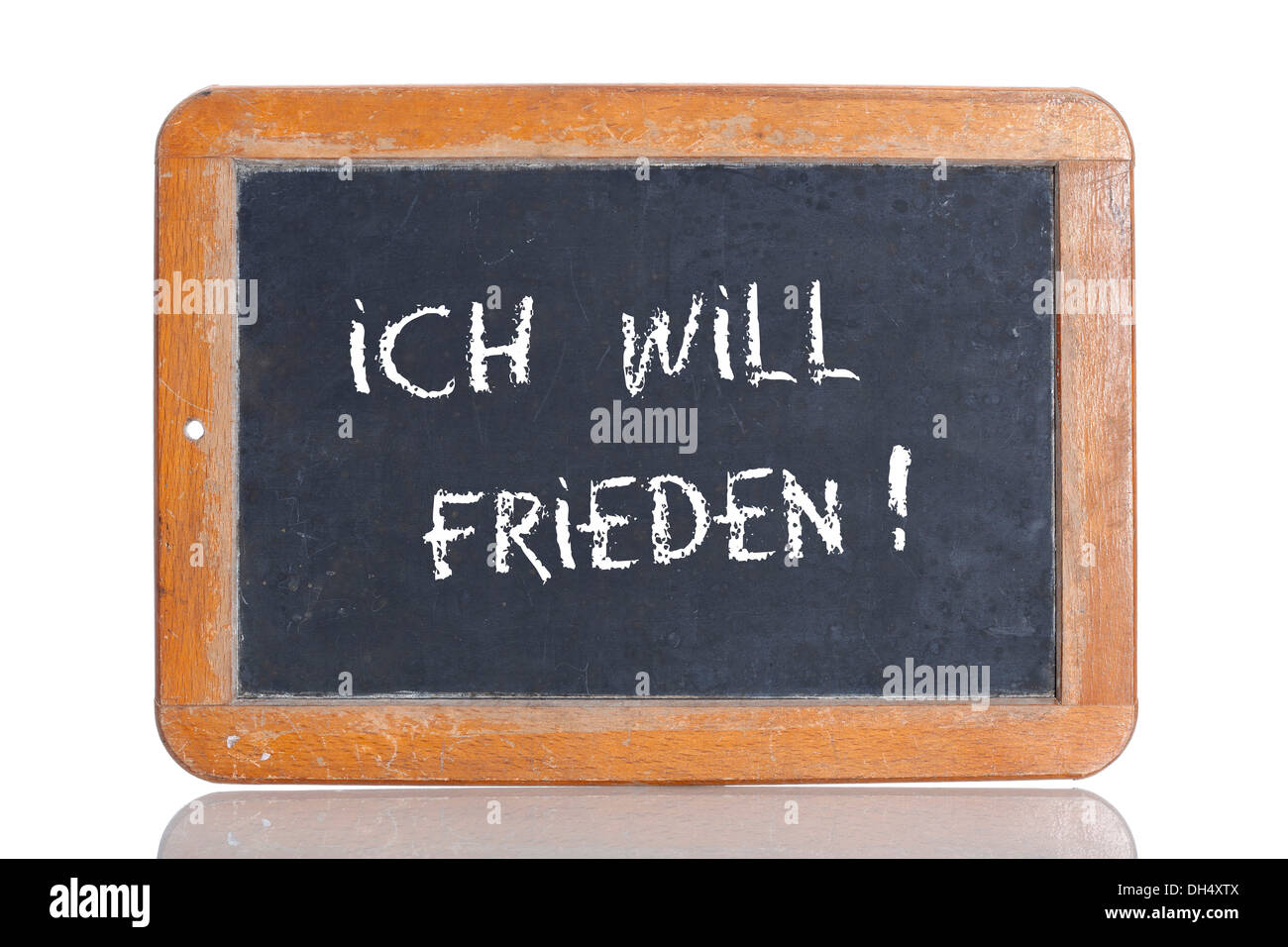 Old school blackboard with the words ICH WILL FRIEDEN!, German for I want peace! Stock Photo