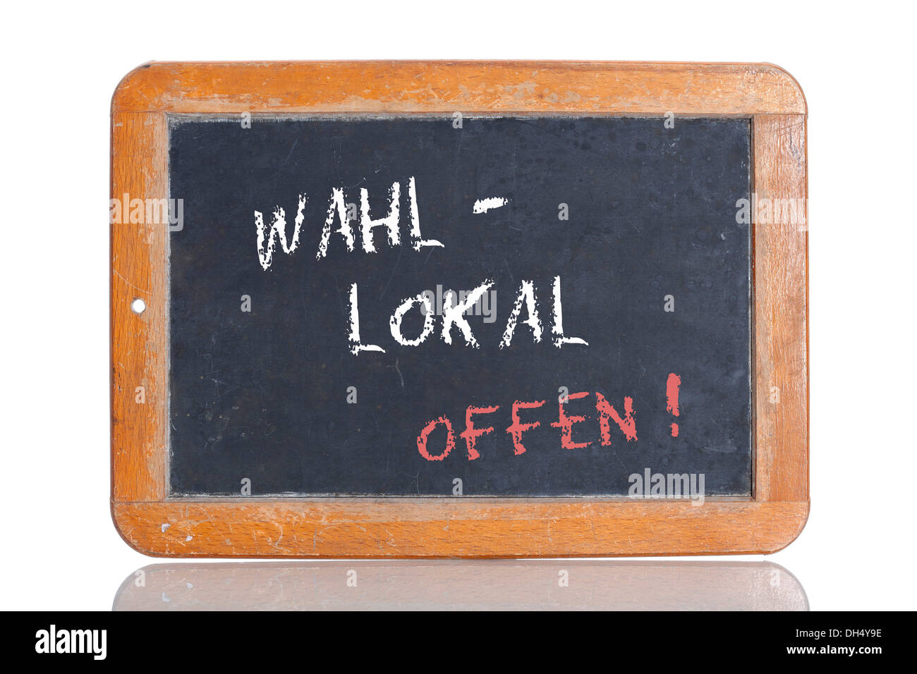Old school blackboard with the term WAHLLOKAL OFFEN, German for polling station is open Stock Photo