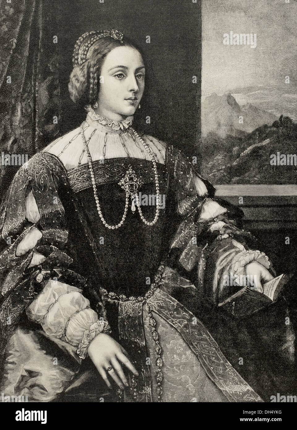 Isabella of Portugal (1503-1539). Queen of Spain and Empress of Germany. Engraving after a painting of Titian. Stock Photo