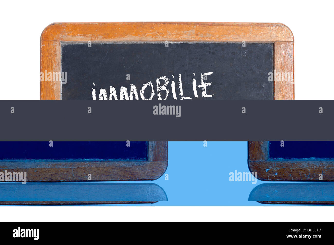 Old chalkboard, lettering 'IMMOBILIE BAUEN', German for 'BUILD A HOUSE' Stock Photo
