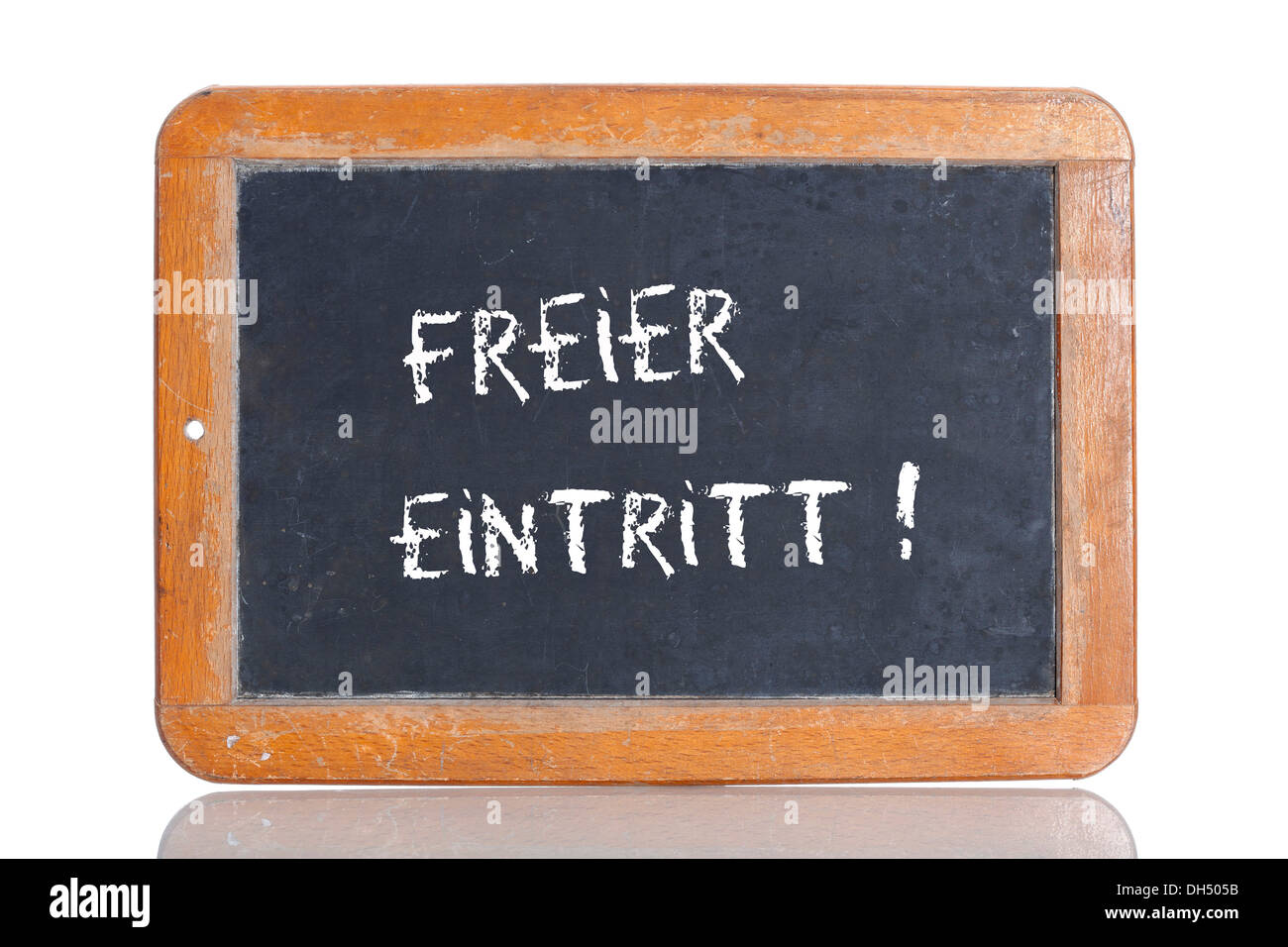 Old chalkboard, lettering 'FREIER EINTRITT', German for 'FREE ADMISSION' Stock Photo