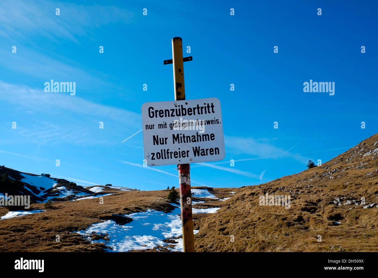 Border sign between Bavaria and Austria, Aschau, Klausberg, Chiemgau Alps, Bavaria Stock Photo