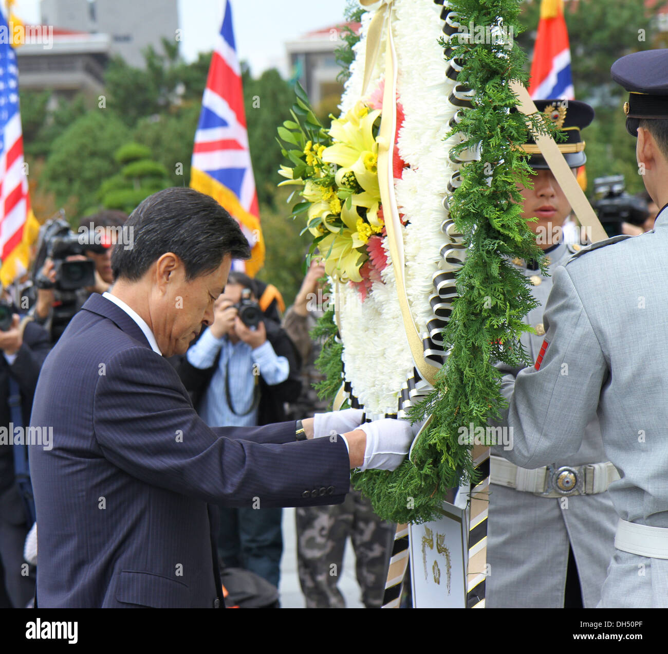 Mr. Hur Nam-sik, Busan Metropolitan City mayor, dedicates wreath at the United Nations Memorial Cemetery during the 68th anniversary of the UN Day celebration on Oct. 24 at UN Memorial Cemetery. Stock Photo