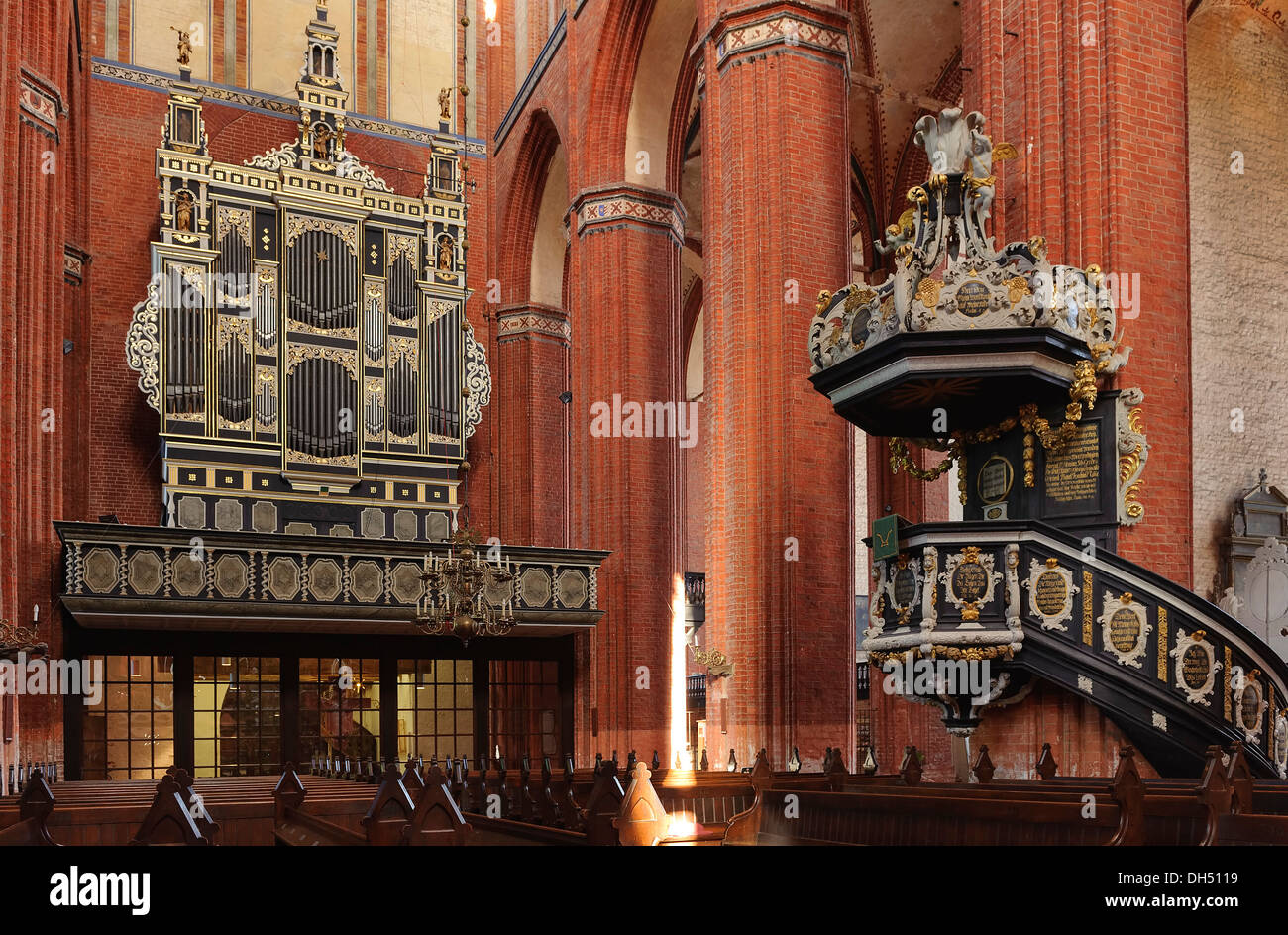 baroque pulpit and organ in Church St. Nicolai, Hanseatic city of Wismar, Mecklenburg-Hither Pomerania,  Germany, UNESCO-world h Stock Photo