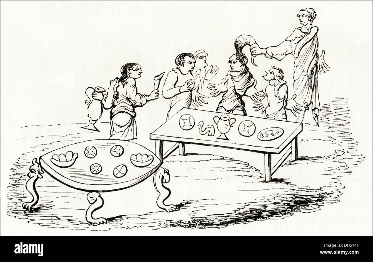 Anglo Saxon Britain. Daily life feasting around tables in Anglo-Saxon Britain. Victorian woodcut circa 1845. Stock Photo