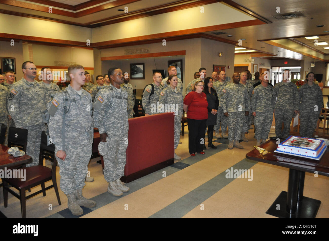 Soldiers from 210th Fires Brigade, 2nd Infantry Division sing the Warrior March during the 2ID 96th birthday celebration at the Stock Photo