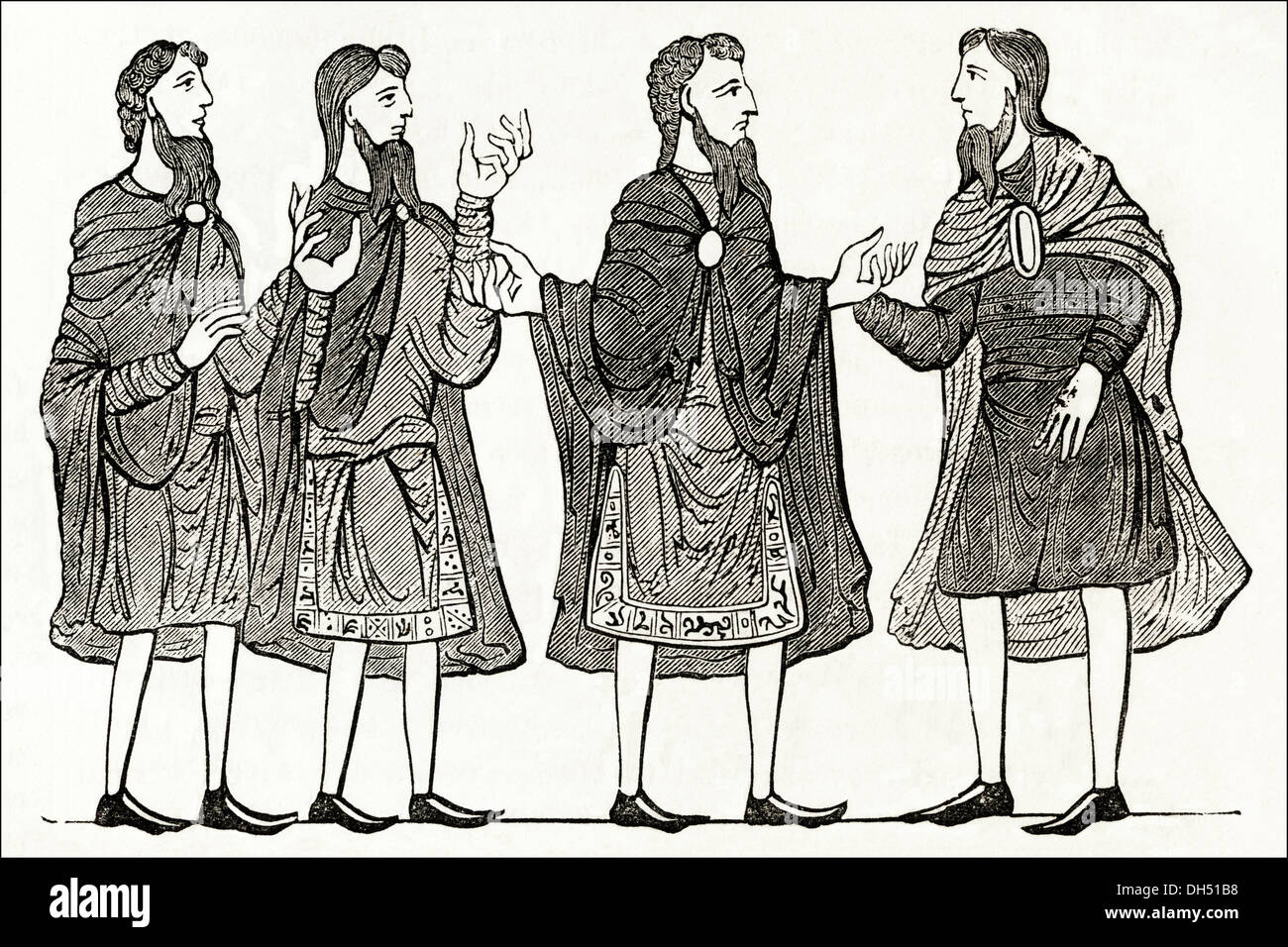 Anglo Saxon Britain. Daily life mens fashion in Anglo-Saxon Britain. Victorian woodcut circa 1845. Stock Photo