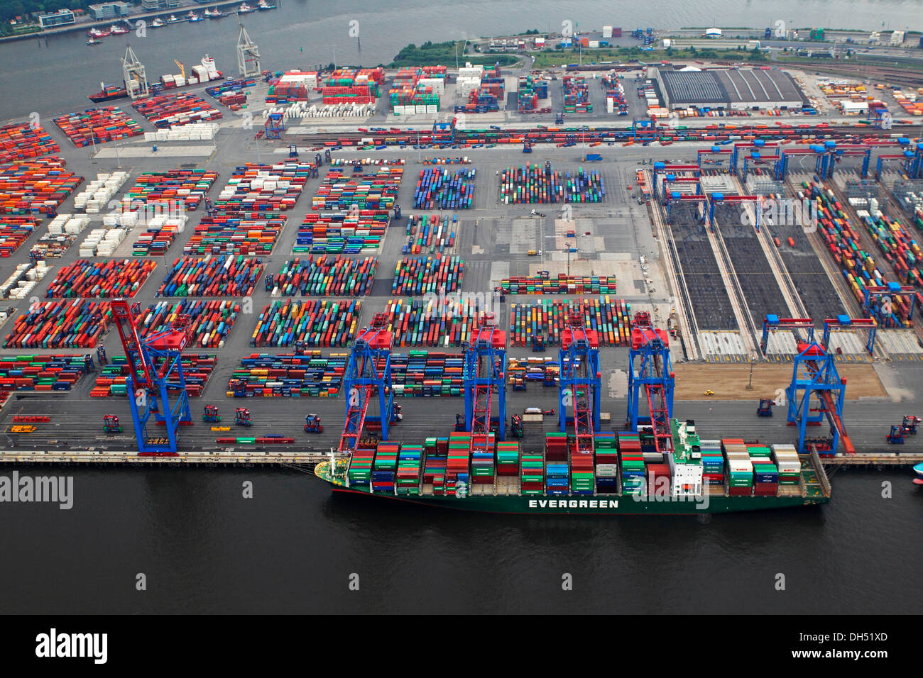 Aerial view, container ship at the Burchardkai container-terminal, Port of Hamburg on the Elbe river, Hamburg Stock Photo