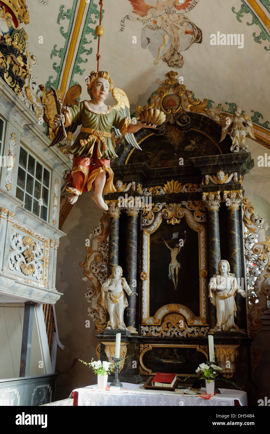 baptizing angel and Baroque interior of St. Johannes in Rerik, Mecklenburg-Hither Pomerania, Germany Stock Photo