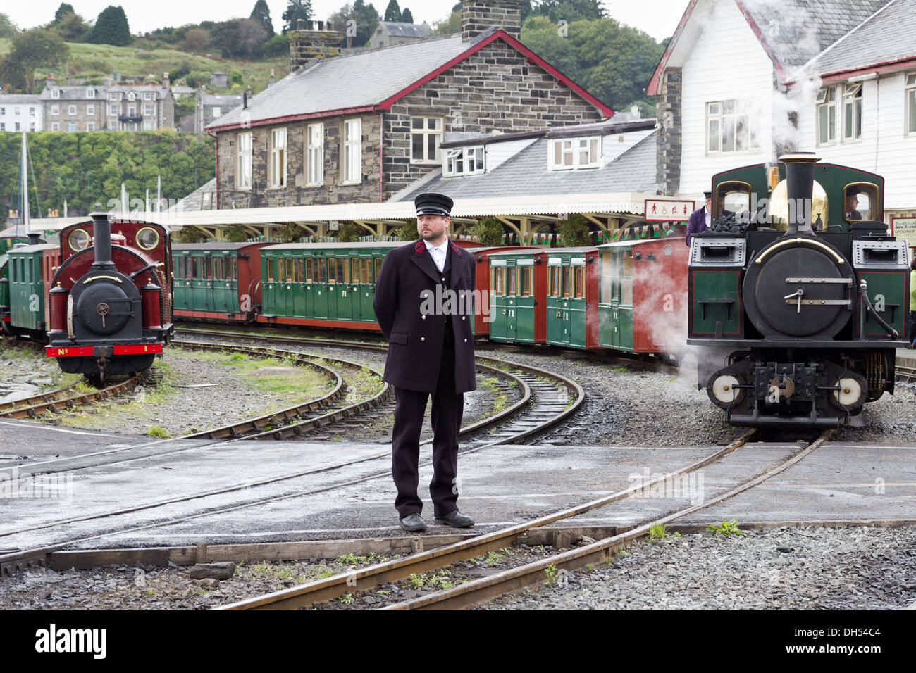 A railway worker on the Blaenau Ffestiniog Railway, at Porthmadog