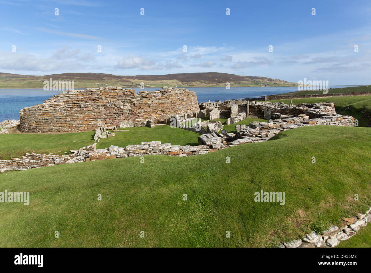 Islands of Orkney, Scotland. Picturesque view of the broch village at Gurness, with Eynhallow Sound in the background. Stock Photo
