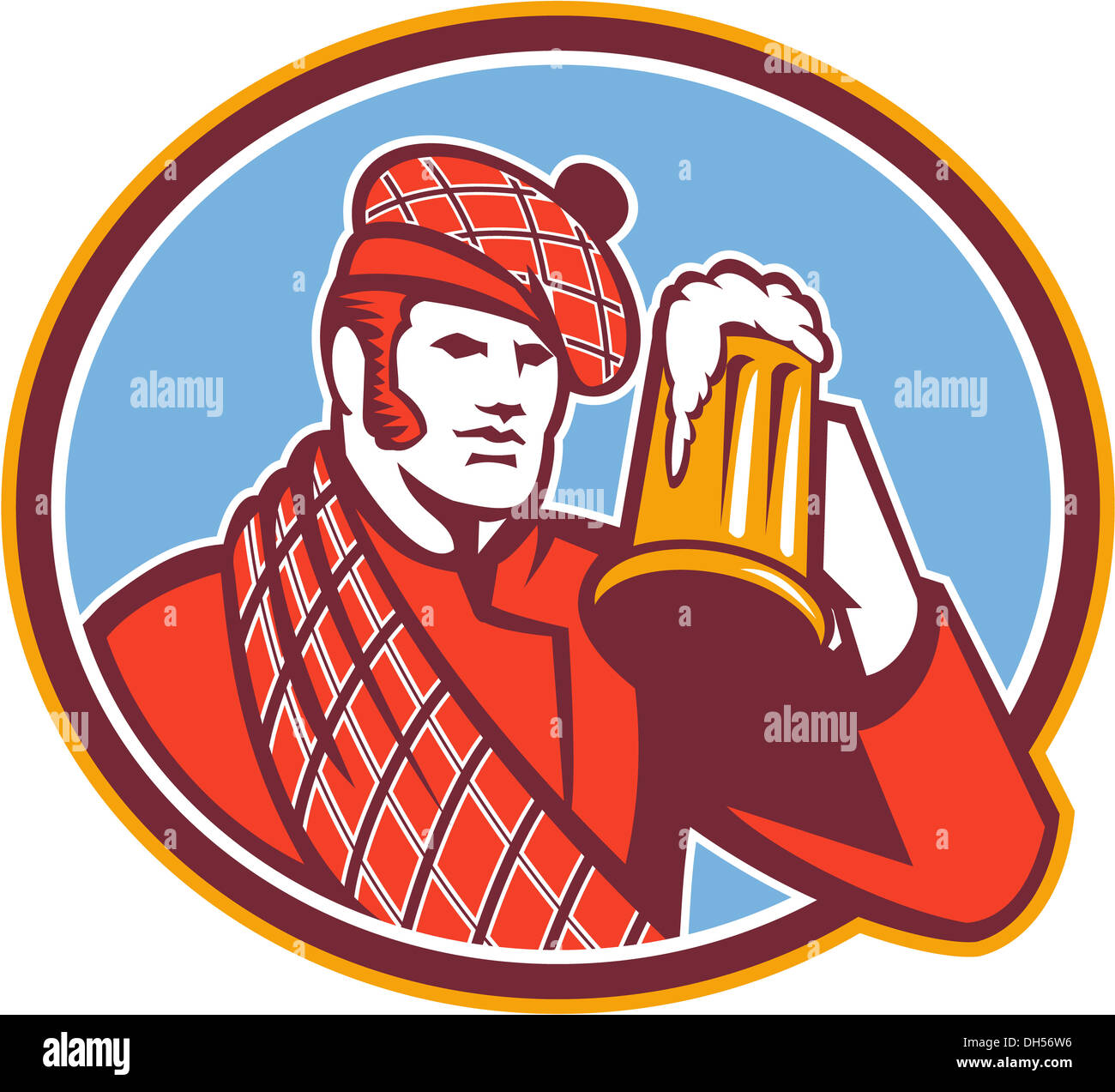 Illustration of a Scotsman Scottish beer drinker raising beer mug drinking looking up wearing tartan and beret hat set inside oval done in retro style. Stock Photo