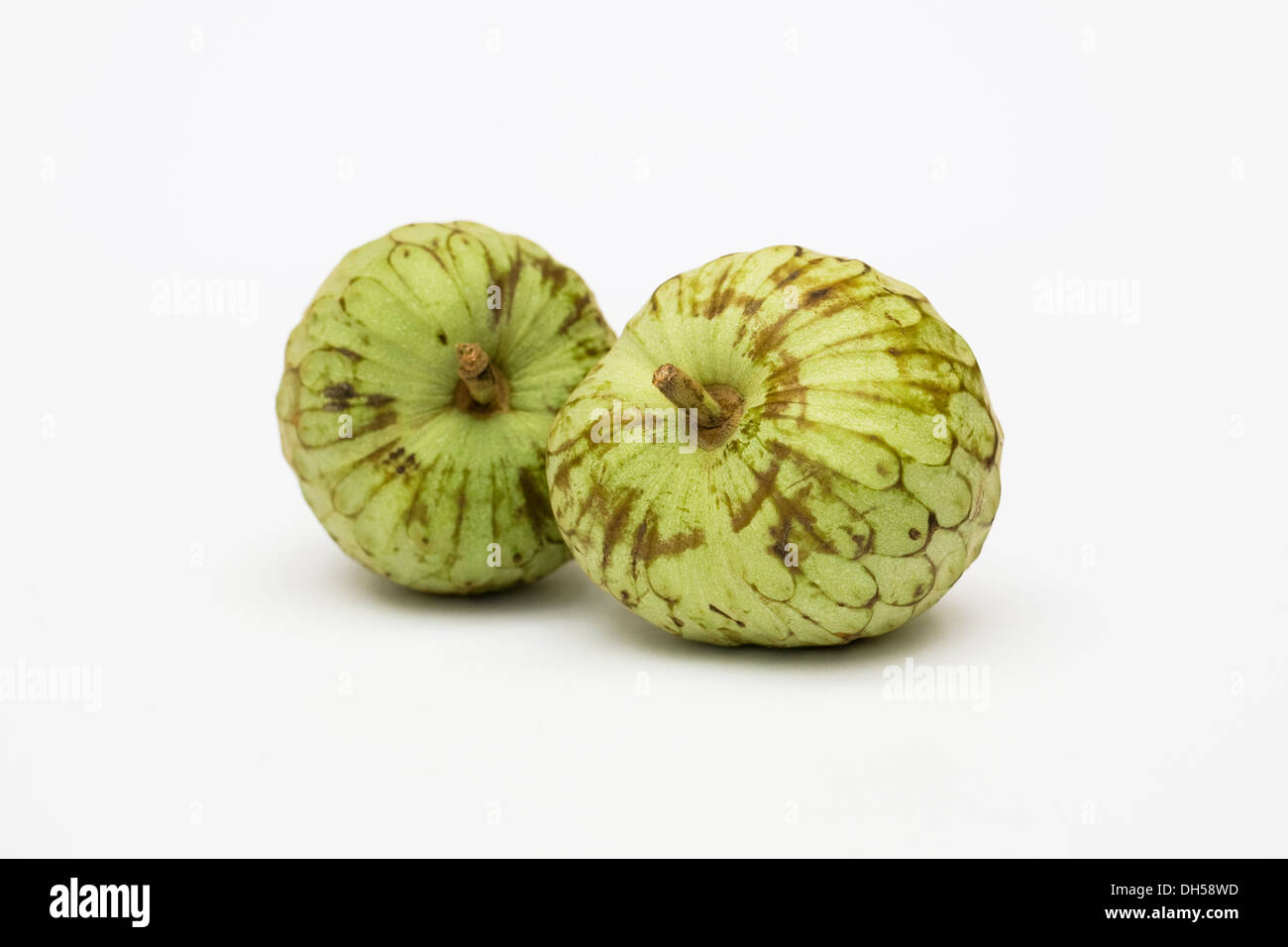 Cherimoya. Two custard apples on a white background. Stock Photo