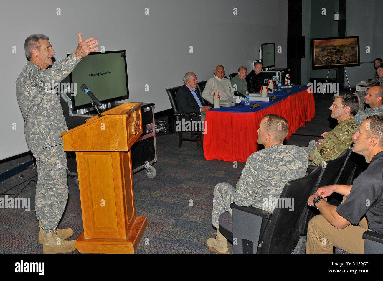 Maj. Gen. John W. Nicholson Jr., commander of the 82nd Airborne Division, addresses Operation Urgent Fury veterans and present-day division leaders at the Airborne and Special Operations Museum in Fayetteville, N.C., Oct. 25. The division’s 2nd Brigade Co Stock Photo