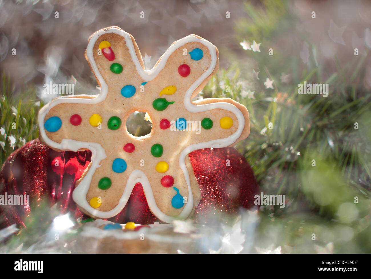 Colorful Christmas cookie on a dreamy background with bokeh stars Stock Photo