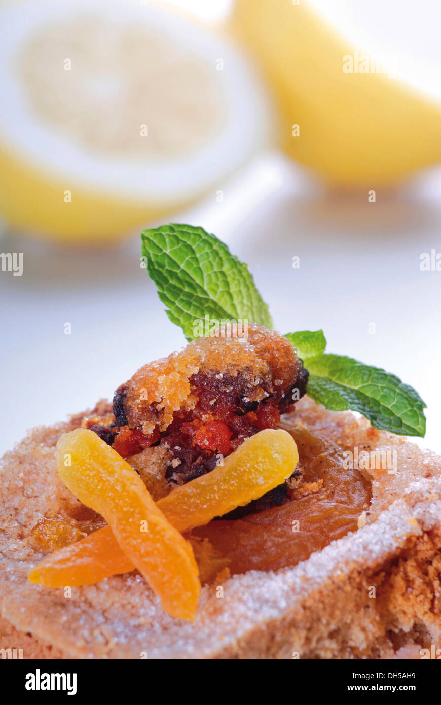 Apricot cake with roasted bacon rind Stock Photo