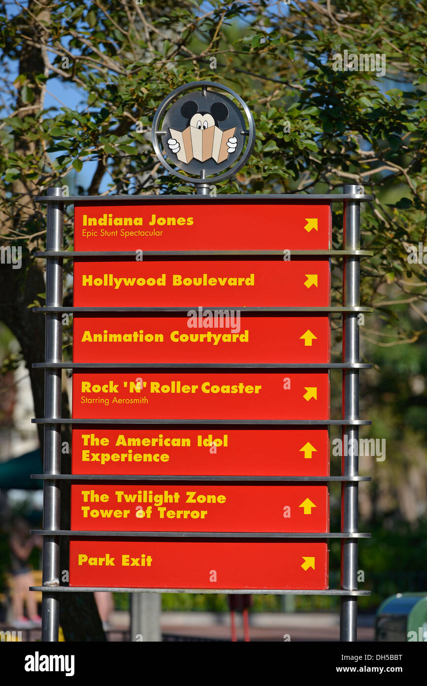 Sign with Directions Various Attractions at Hollywood Studios, Disney World Resort, Orlando Florida Stock Photo