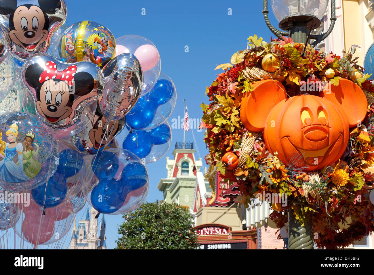 Halloween at Disney World Resort, Balloons Decorations Pumpkin Carved in Shape of Mickey Mouse Face, Orlando Florida Stock Photo