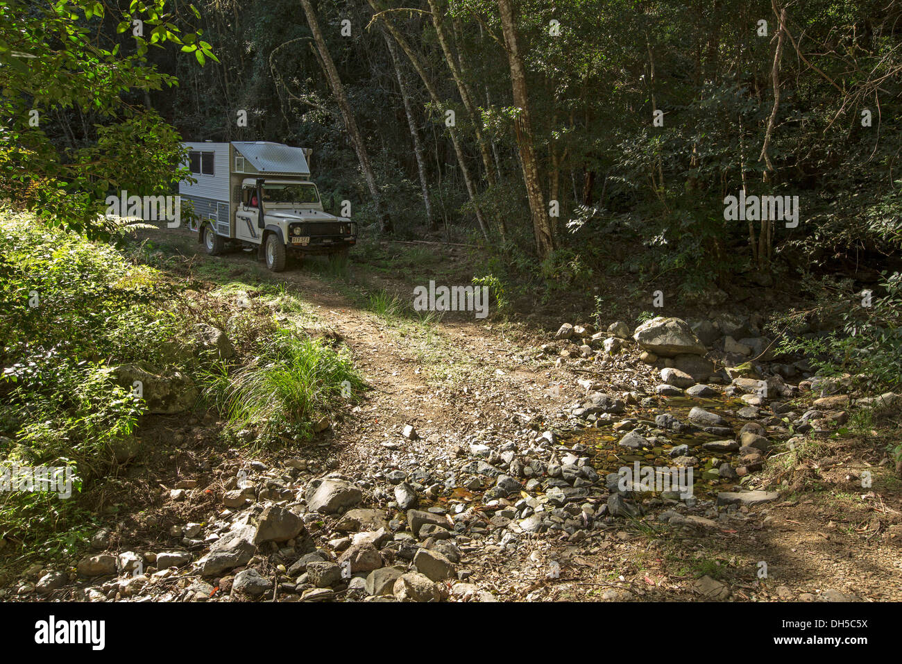 Campervan / mobile home driving along stony track through lush forests of Nowendoc National Park in NSW Australia Stock Photo
