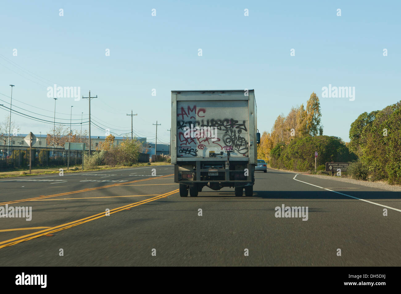 Box truck rear door vandalized with graffiti - Freemont, California USA