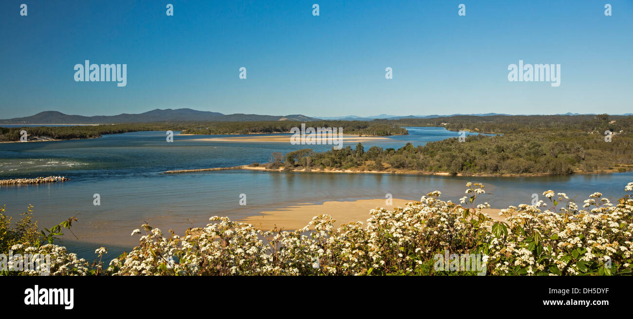 Panoramic view of coast and extensive river estuary from lookout at Nambucca Heads in northern NSW Australia Stock Photo
