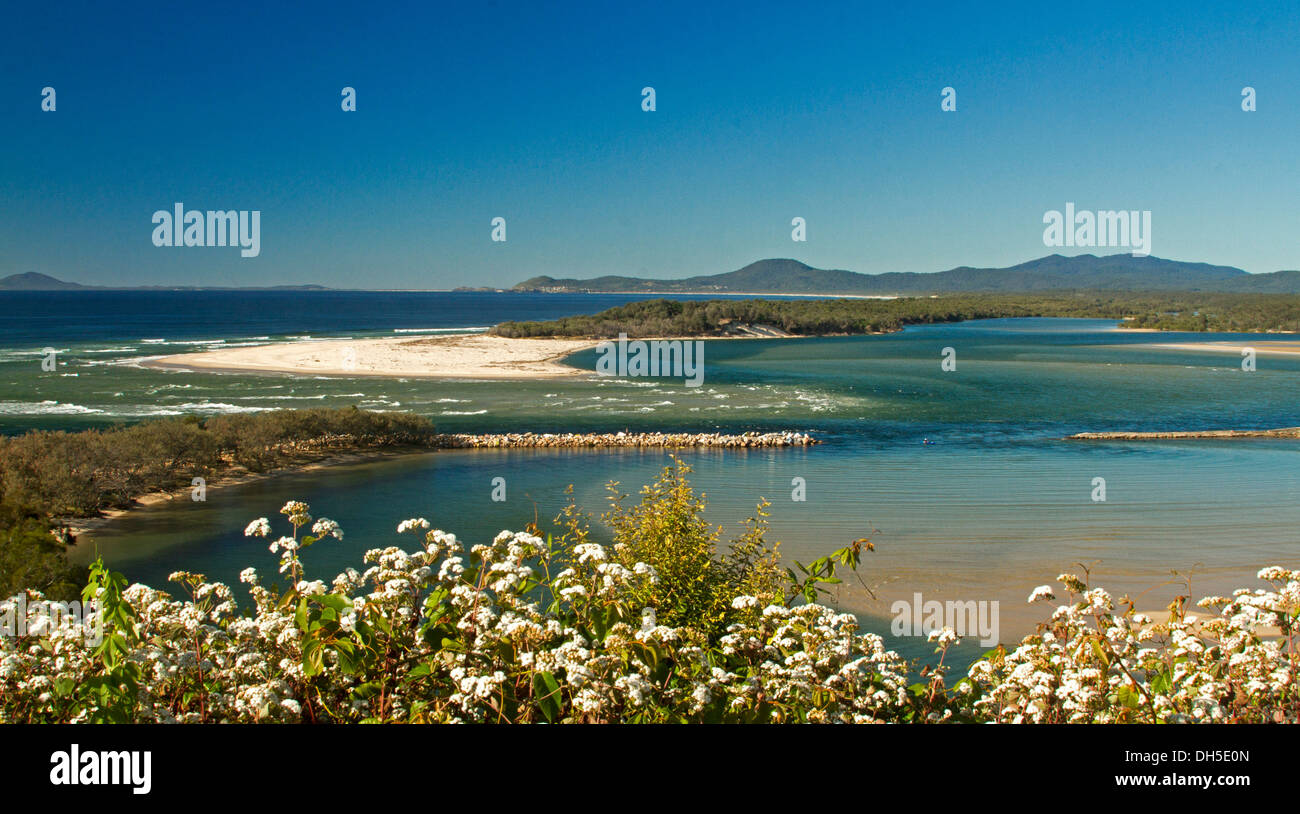 Spectacular view of coast and extensive river estuary from lookout at Nambucca Heads in northern NSW Australia Stock Photo
