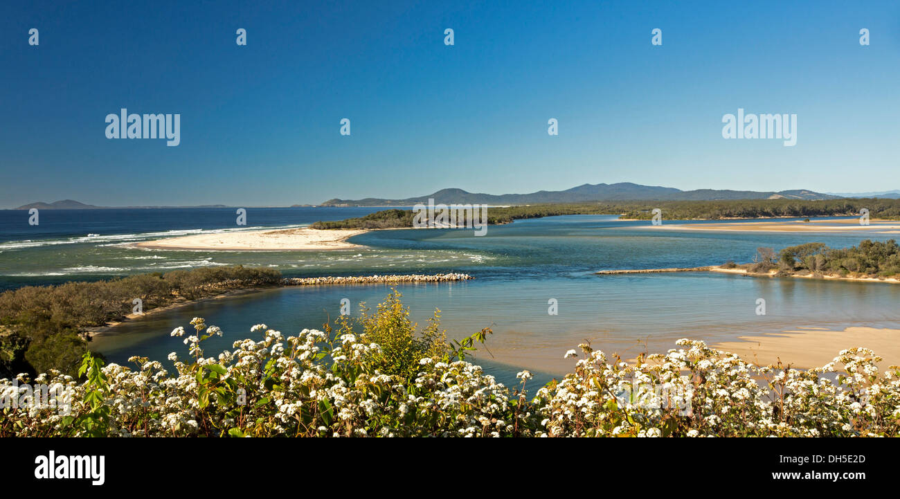 Panoramic view of coast and river estuary from lookout at Nambucca Heads in northern NSW Australia Stock Photo