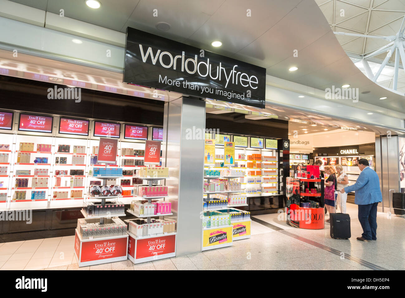 World Duty Free shop in the departures lounge of Stansted airport, England, UK Stock Photo