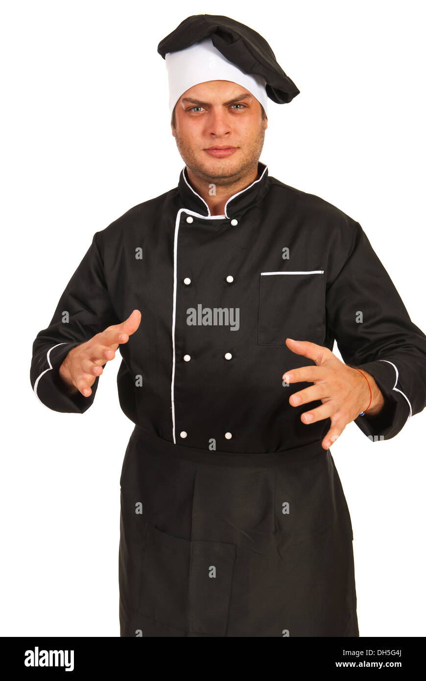 Nervous chef male gesticulate with hands isolated on white background Stock Photo