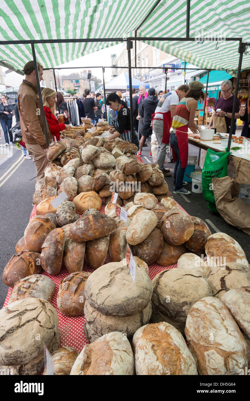 Fresh bread stall in Broadway Market, Hackney, London, England, UK Stock Photo