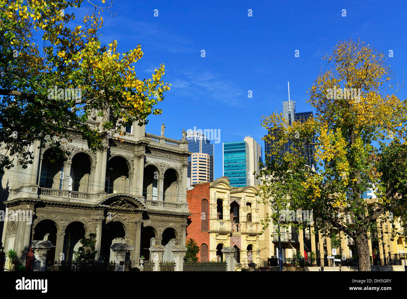 Historic buildings and city skyline in Drummond Street, Carlton Stock