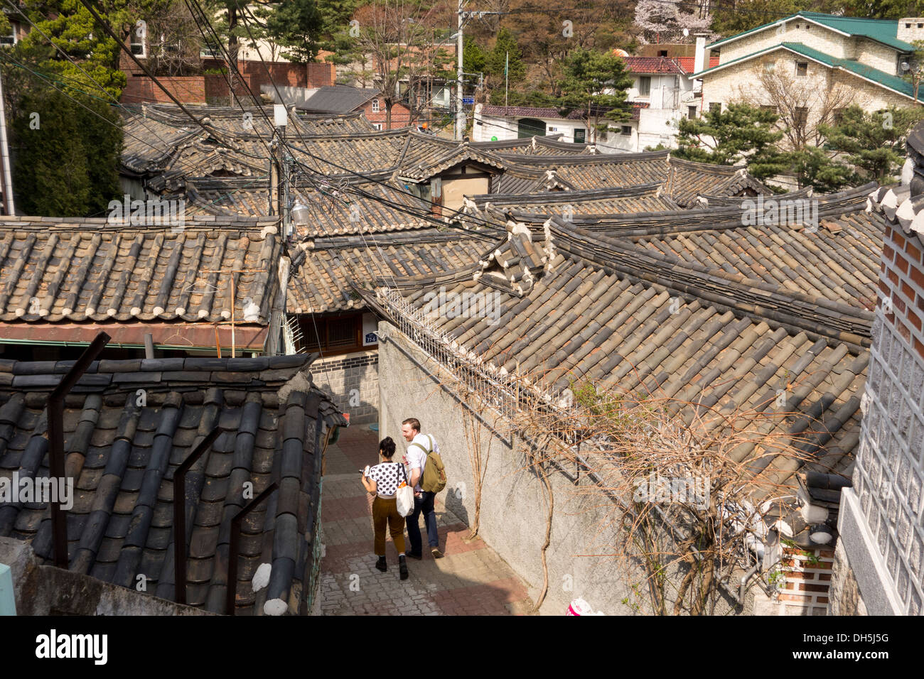 Rooftops of old traditional houses in Bukchon Hanok Village, Seoul, Korea Stock Photo