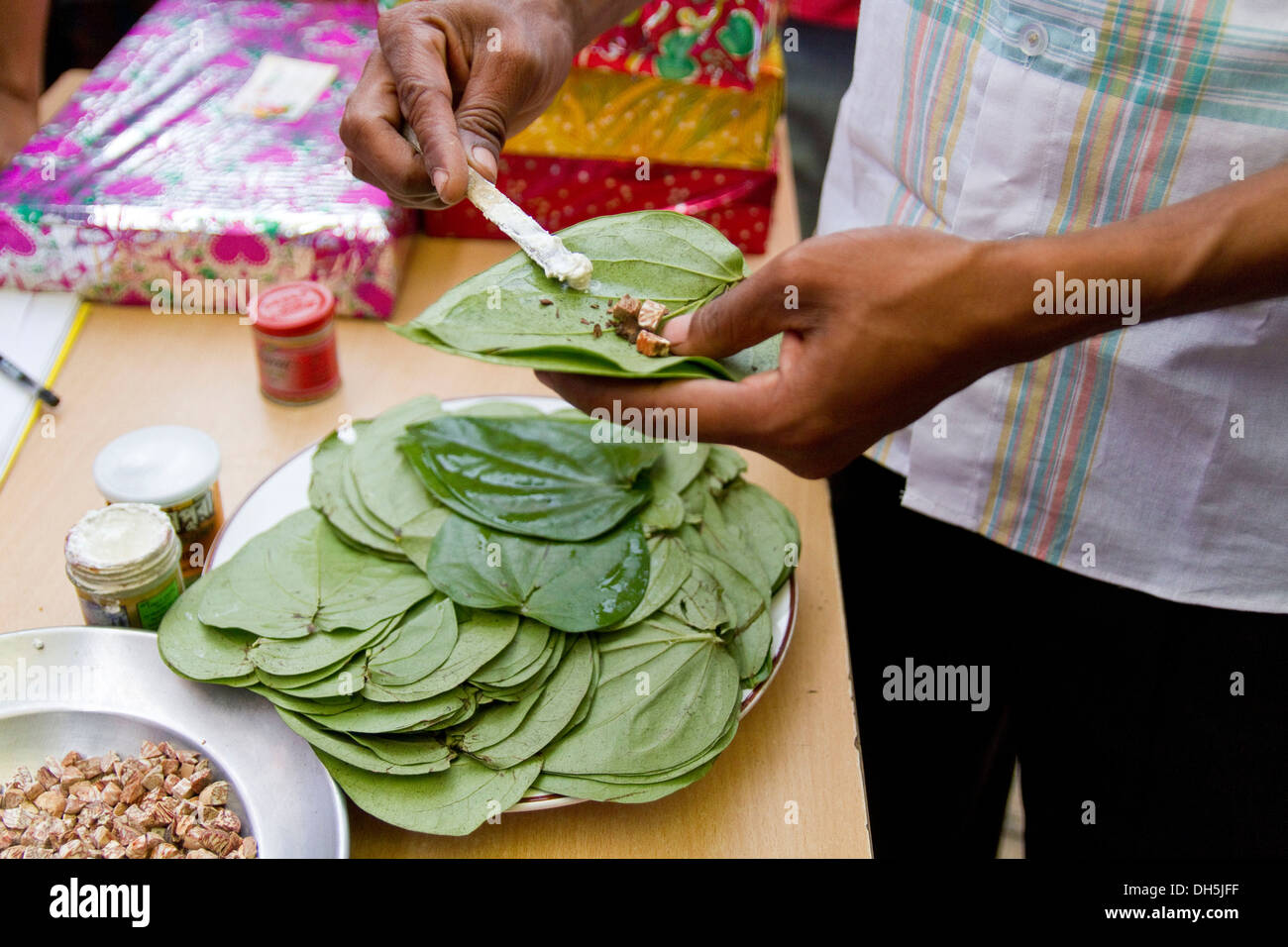 Man putting calcium hydroxide, hydrated lime, on to betel leaves (Piper betle), with crushed betel nuts, Dhaka, Bangladesh Stock Photo