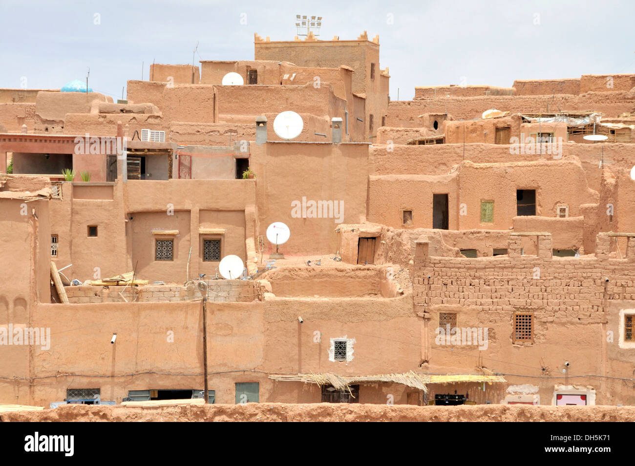 Rammed earth architecture with satellite dishes in the old town or Medina, Ouarzazate, Morocco, Africa Stock Photo