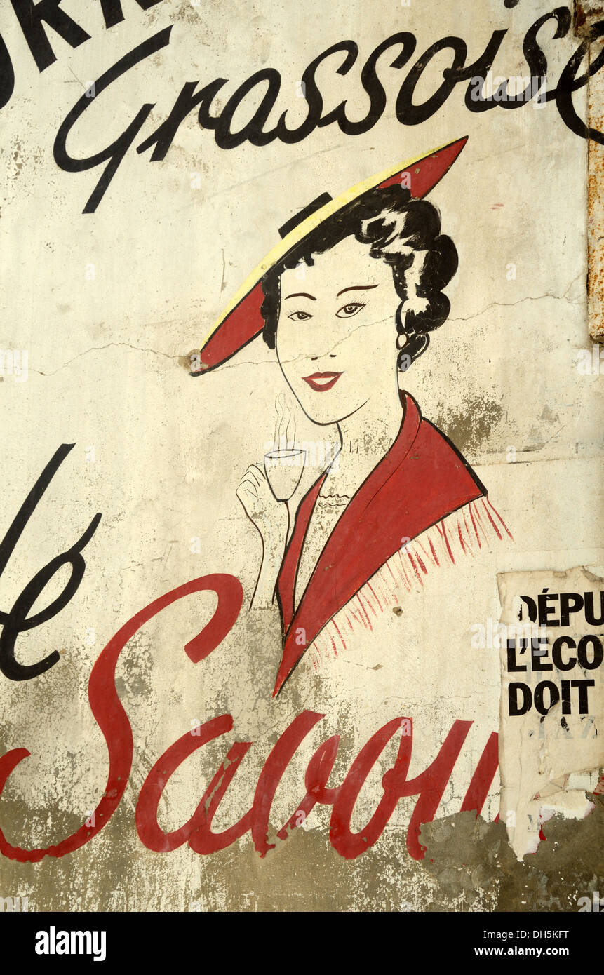 Old Wall Advert or Painting of Woman Drinking Coffee in Le Savoy Café Grasse Alpes-Maritimes FranceGrasse France Stock Photo
