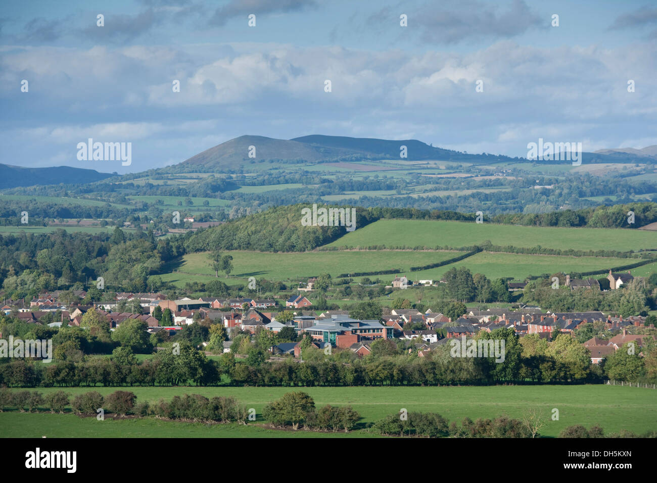Craven Arms is a small town and civil parish in Shropshire England, viewed from the south west. Stock Photo