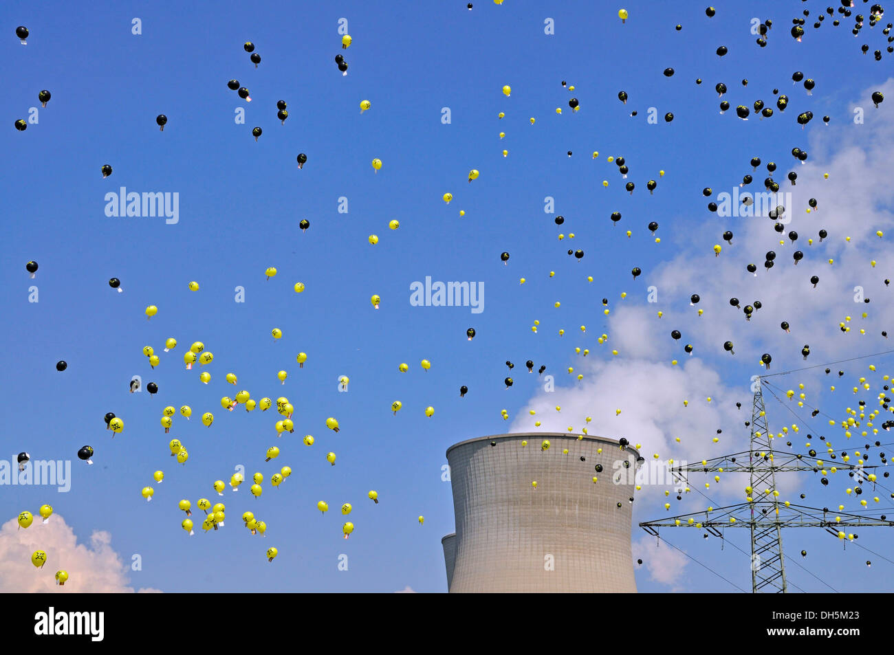 Anti nuclear power demonstration with balloons at the Gundremmingen nuclear power plant, the most powerful German nuclear power Stock Photo
