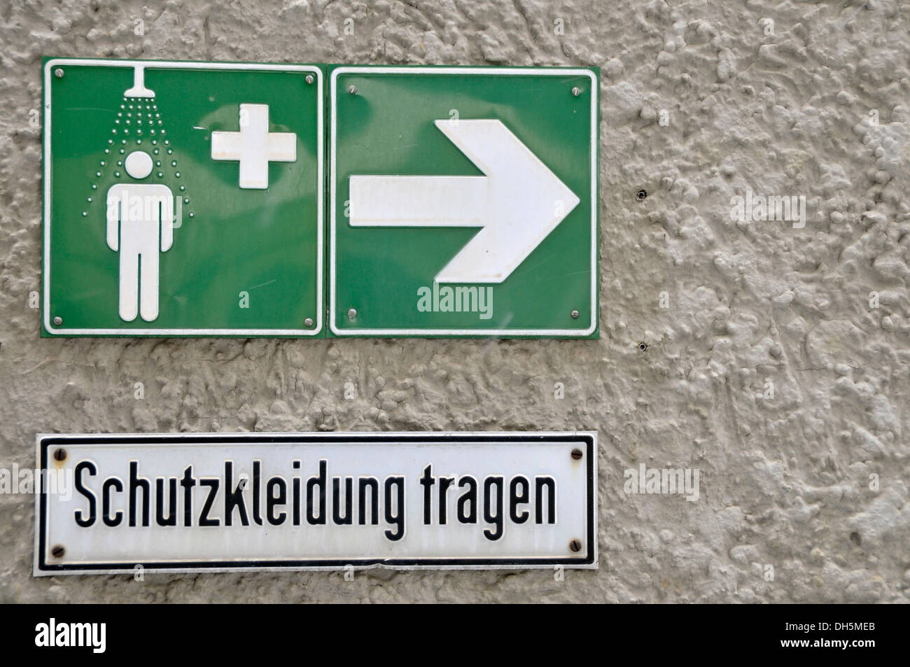 Signs, Schutzkleidung tragen or wear protective clothing, chemical transfer station, power station, Ulm, Baden-Wuerttemberg Stock Photo