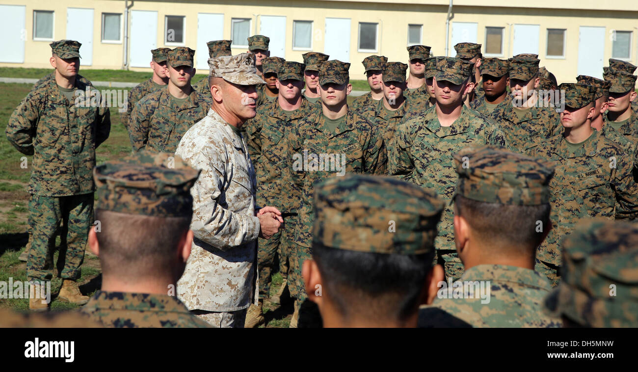 Brigadier Gen. James Lukeman, commanding general of 2nd Marine Division, talks to Marines and sailors with Black Sea Rotational Stock Photo