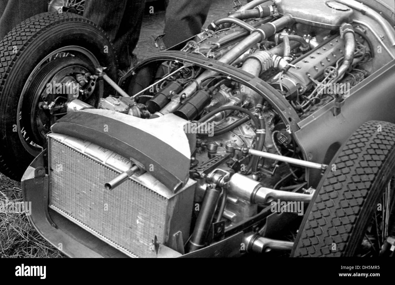 A BRM V16 engine in the pits at Aintree, England 1954. Stock Photo