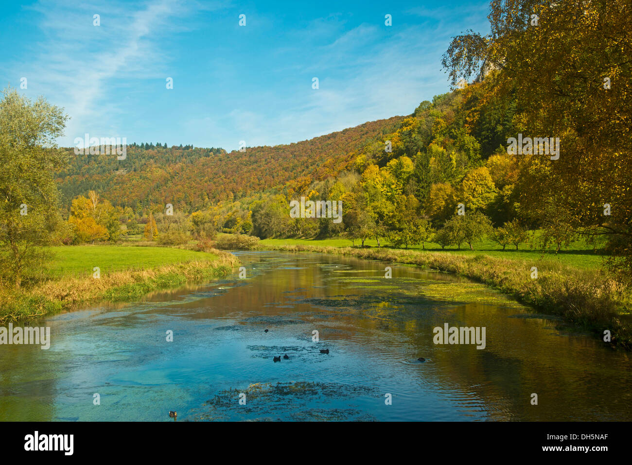 Blautal valley and the Blau river, a 14.5 km long tributary of the Danube river, reaching from Blaubeuren to Ulm Stock Photo