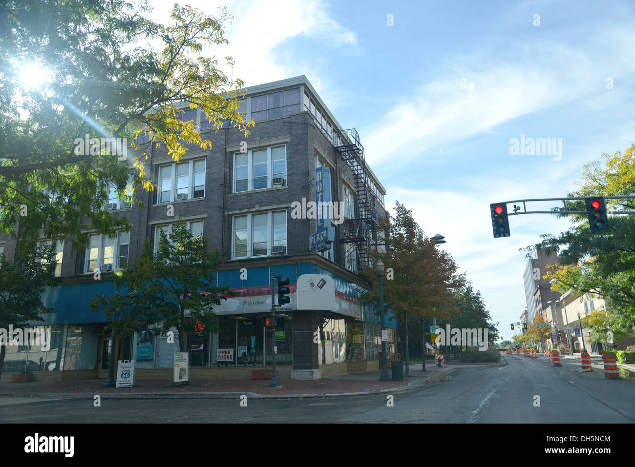 Joliet, Illinois. Main street traffic lights and buildings Stock Photo