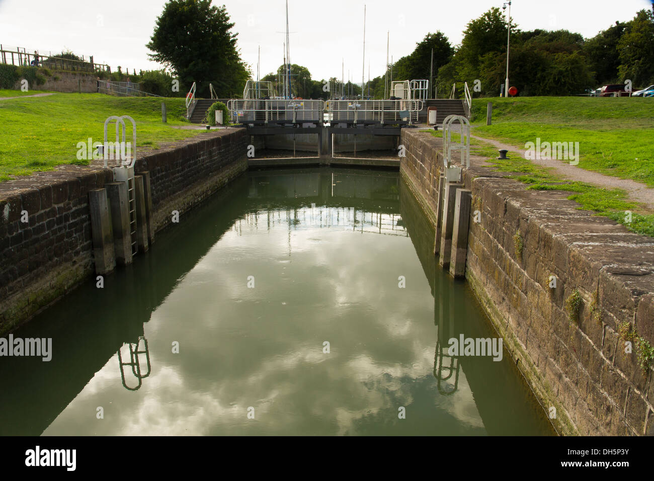 One of two sets of locks that allow access by boat to the River Severn, this is above the semi -tidal basin. Stock Photo