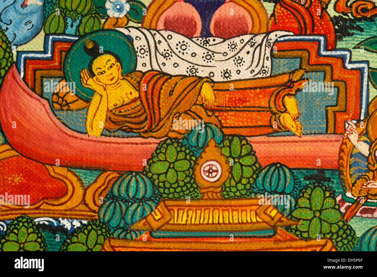Reclining, resting Buddha during the transition to nirvana, representation on a thangka, scroll painting of Tantric Buddhism Stock Photo