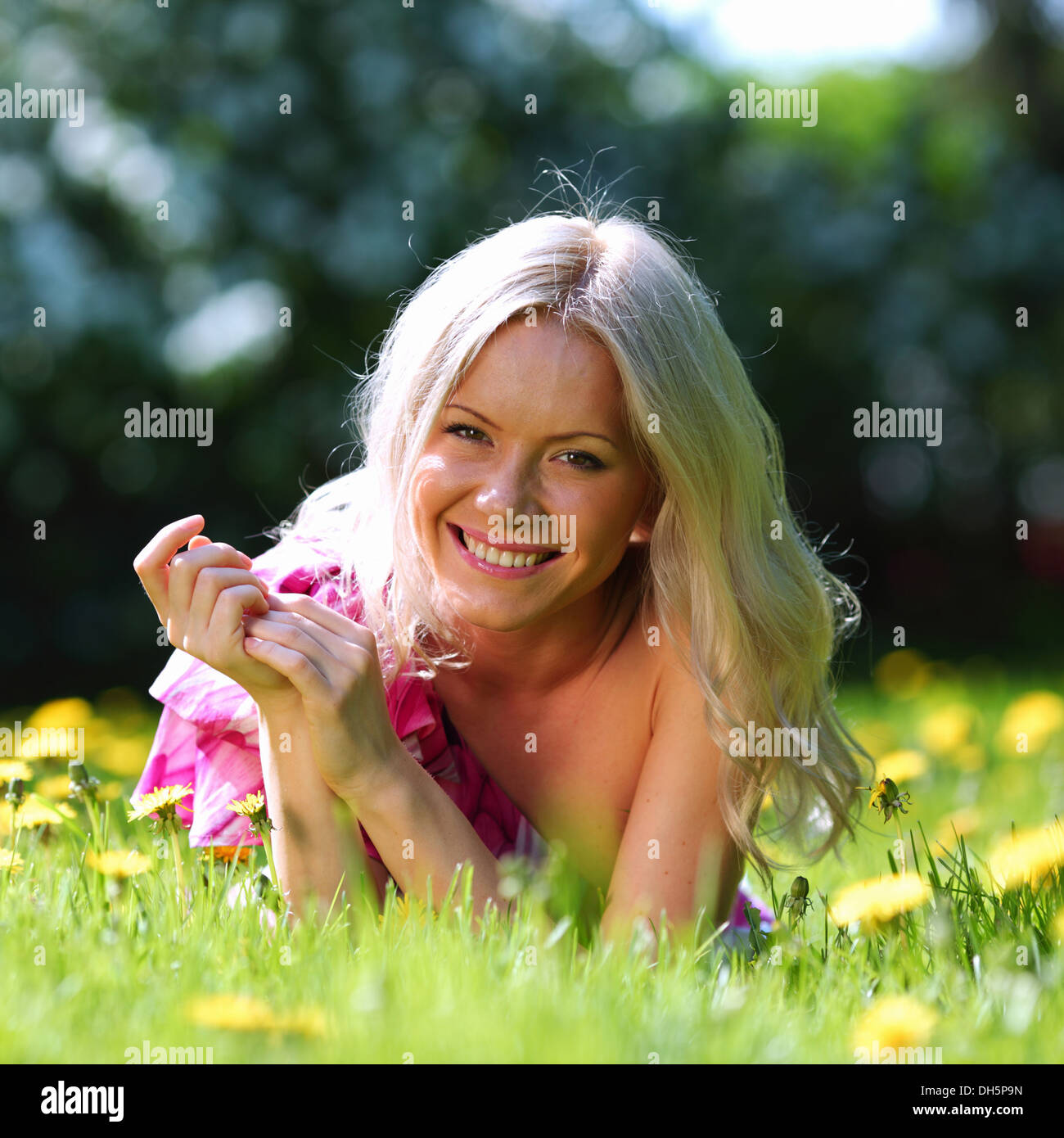 girl lying on the field of dandelions Stock Photo - Alamy